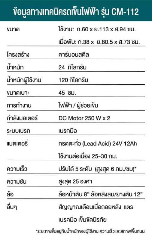 ข้อมูลรถเข็นไฟฟ้ารุ่น CM-112